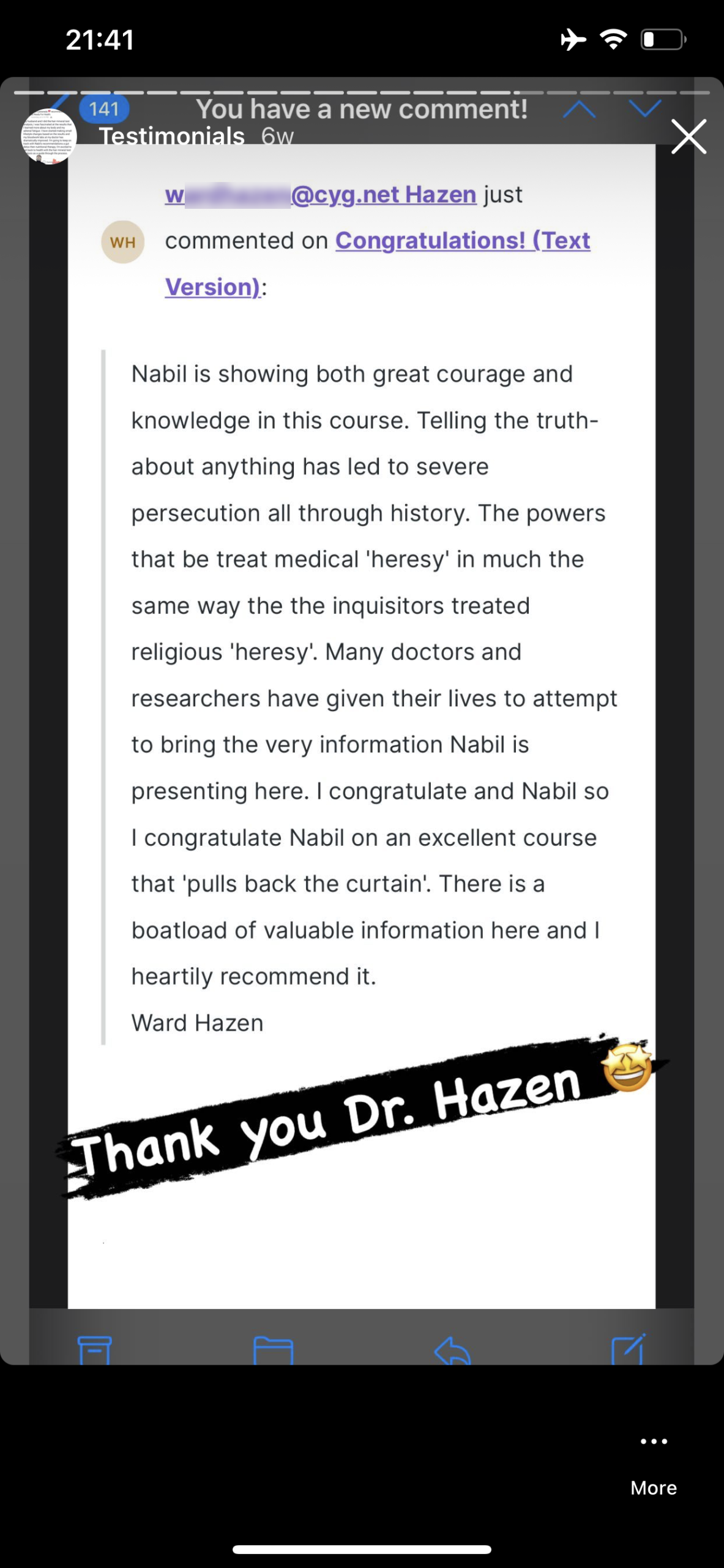 Testimonial: Nabil is showing both great courage and knowledge in this course. Telling the truth- about anything has led to severe persecution all through history. The powers that be treat medical 'heresy' in much the same way the the inquisitors treated religious 'heresy'. Many doctors and...
